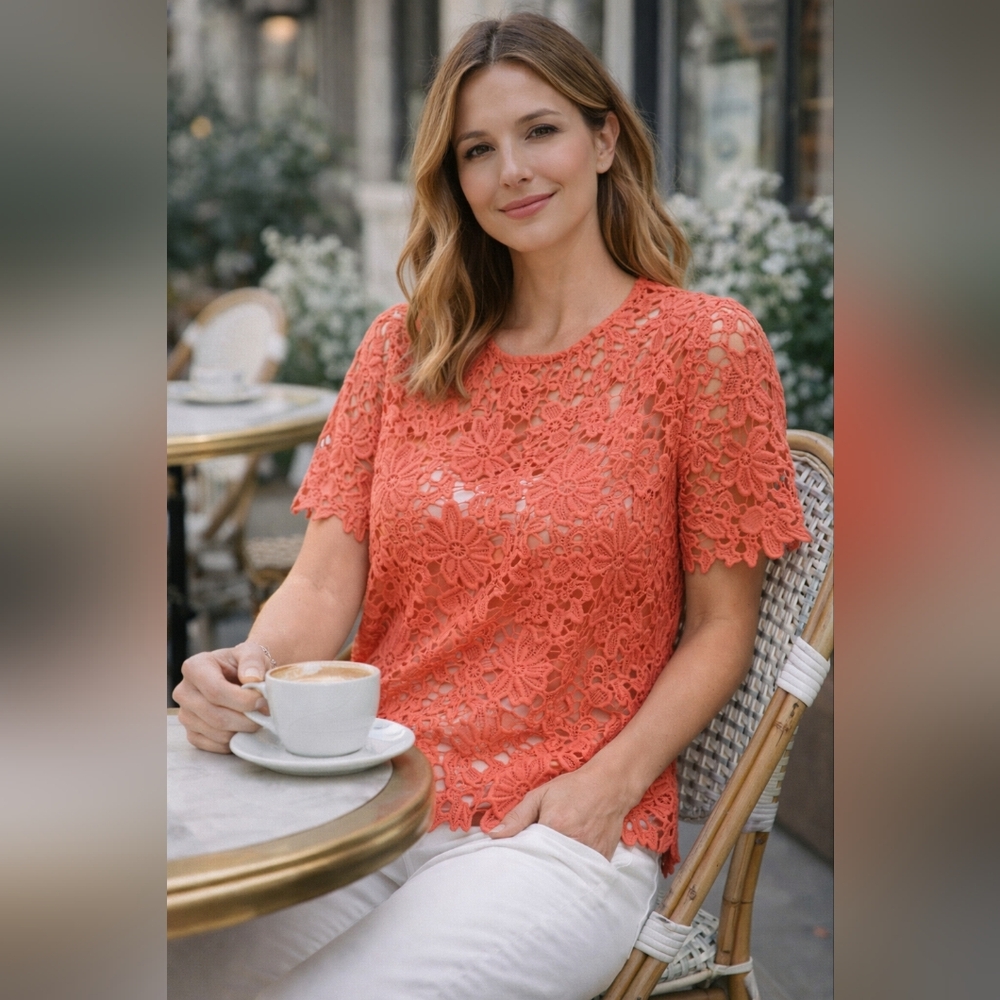 Coral Lace Blouse Cottagecore Romantic Top Feminine Chic Brunch Outfit